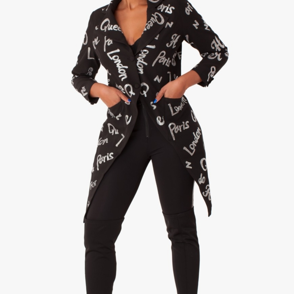 Black Blazer with the words Queen, London & Paris all over